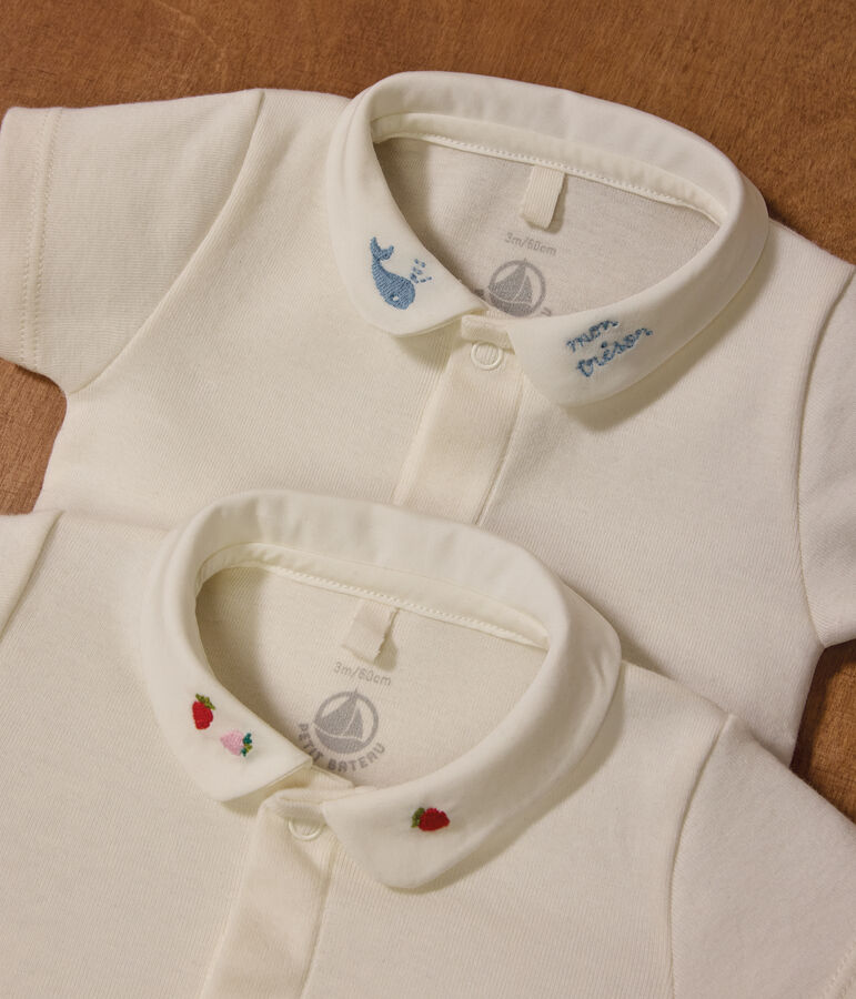 Babies' short-sleeved cotton body with embroidered details Ecru/blue