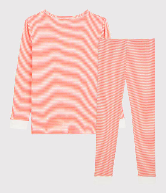 Girls' Snugfit Pinstriped Cotton Pyjamas PEACHY pink/MARSHMALLOW white