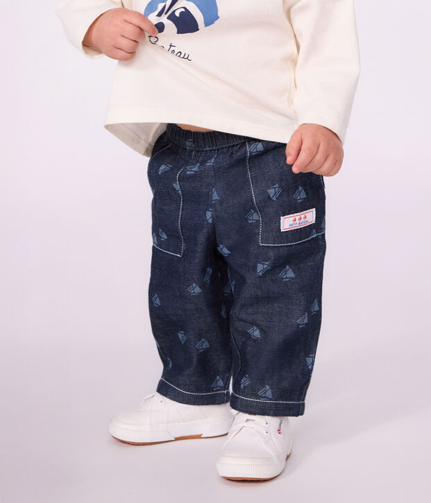 Babies' trousers in boat print denim blue/ecru