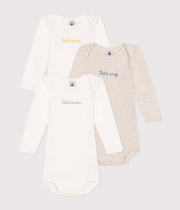 Babies' long-sleeved cotton bodysuits with messages - 3-pack multicolor