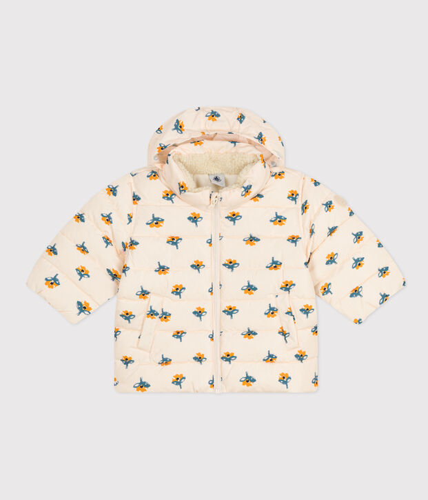 Babies' Patterned Puffer Jacket with Retractable Hood Ecru/multicolor