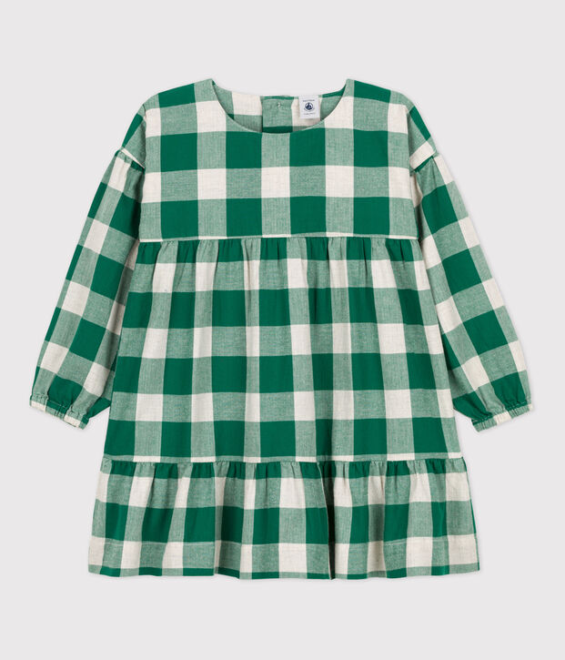 Girls' Long-Sleeved Checked Flannel Dress MATCHA/ecru