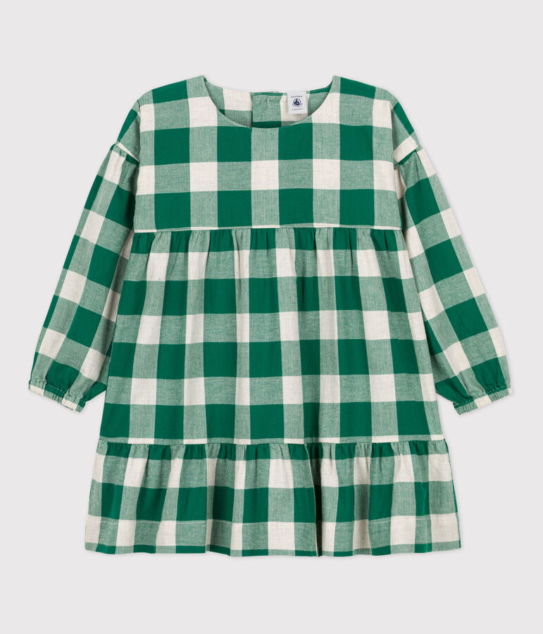 Girls' Long-Sleeved Checked Flannel Dress MATCHA/ecru