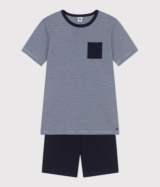 Children's short stripy cotton pyjamas MEDIEVAL blue/MULTICO white