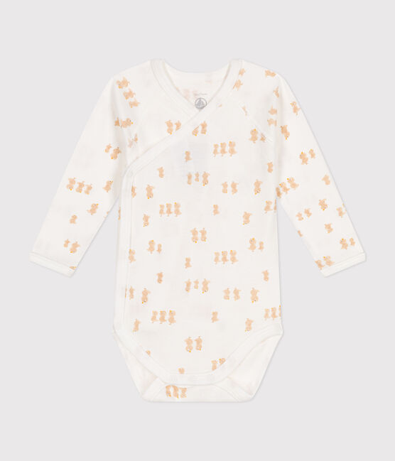 Babies' long-sleeved wrapover cotton bodysuit MARSHMALLOW /BEIGE
