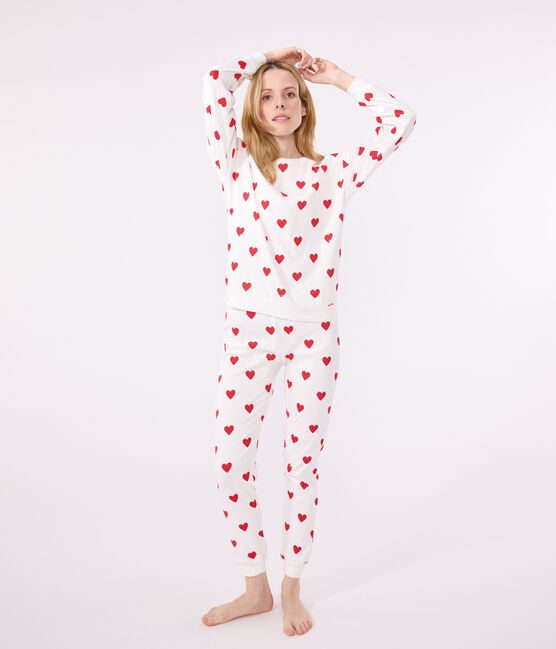 Women's Heart Themed Cotton Pyjamas MARSHMALLOW white/TERKUIT red