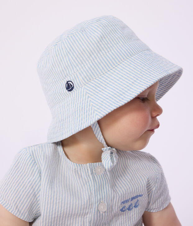 Babies' seersucker sun hat with ties blue/white