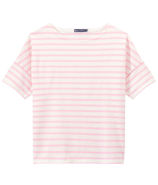 Women's jersey short-sleeve sailor top MARSHMALLOW white/BABYLONE pink