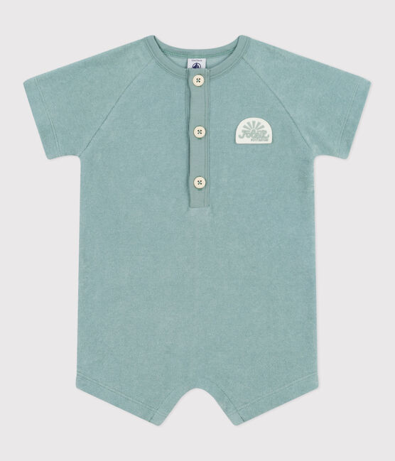 Babies' short-sleeved plain cotton towelling playsuit with a badge PAUL green