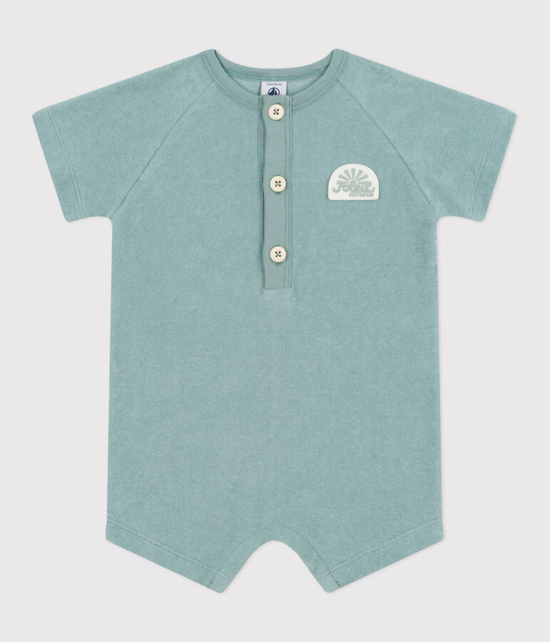 Babies' short-sleeved plain cotton towelling playsuit with a badge green