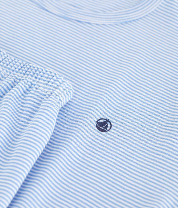 Children's short stripy cotton pyjamas blue/white