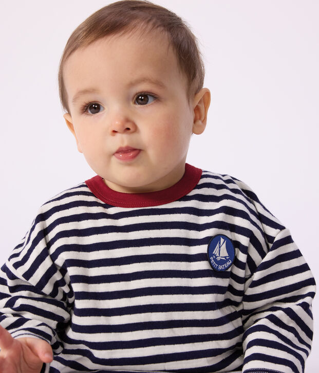 Babies' long-sleeved stripy cotton T-Shirt blue/ecru