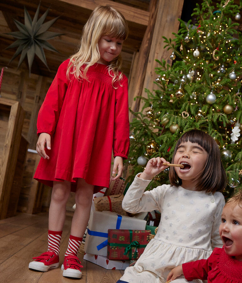 Girls' long-sleeved dress in plain velvet CORRIDA red