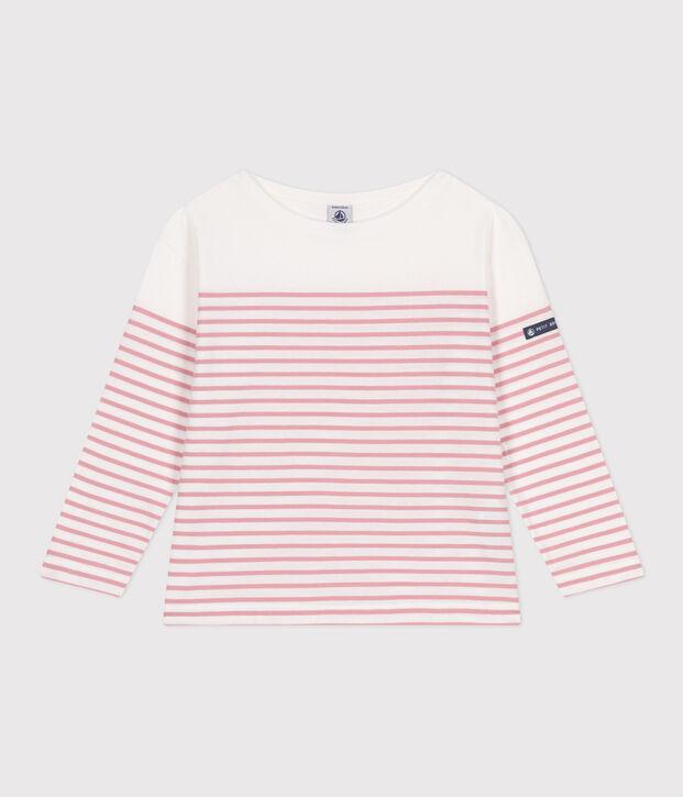 Children's long-sleeved cotton Breton T-shirt white/pink
