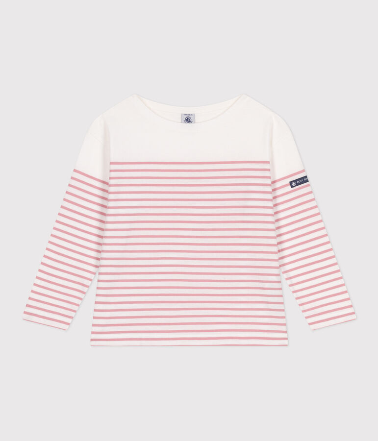 Children's long-sleeved cotton Breton T-shirt MARSHMALLOW white/CHARME pink