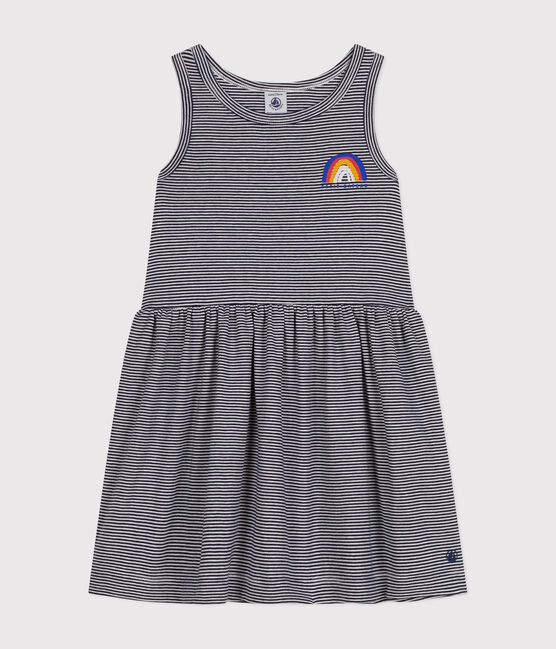 Girls' sleeveless cotton dress SMOKING blue/MARSHMALLOW white