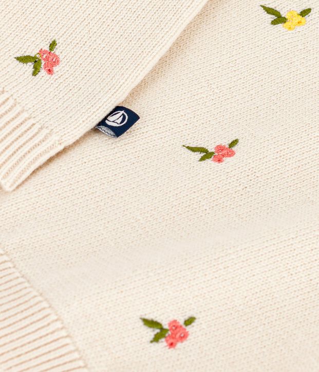 Babies' jumper in wool and cotton with embroidered flowers Ecru/multicolor