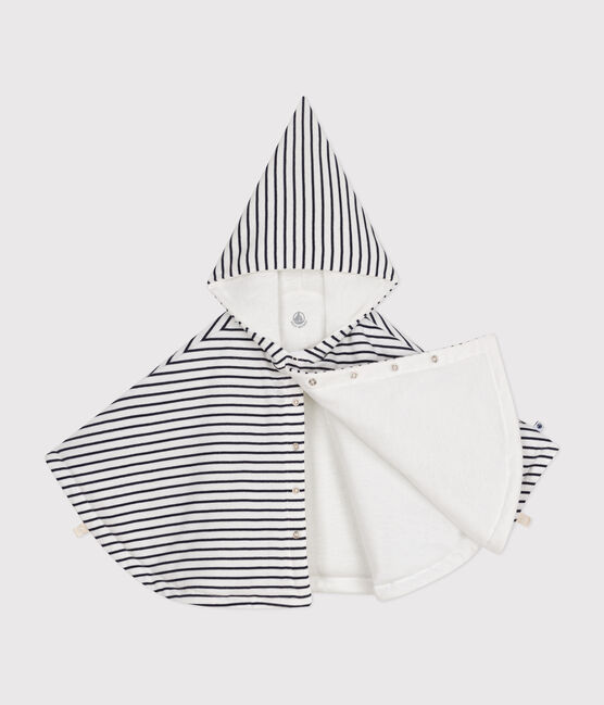 Babies' Stripy Cotton Hooded Cape MARSHMALLOW white/SMOKING blue
