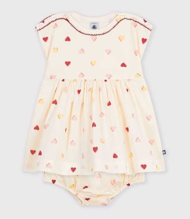 Babies' short-sleeved cotton dress printed with hearts. Ecru/multicolor