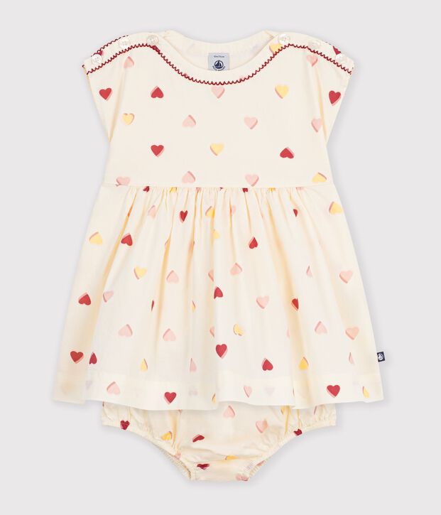 Babies' short-sleeved cotton dress printed with hearts. Ecru/multicolor