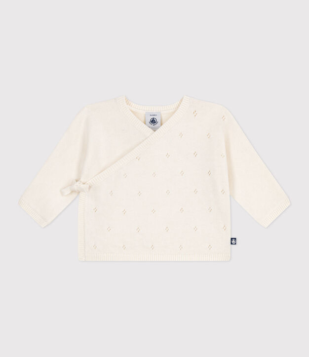 Babies' wool and cotton openwork knit wrapover top white
