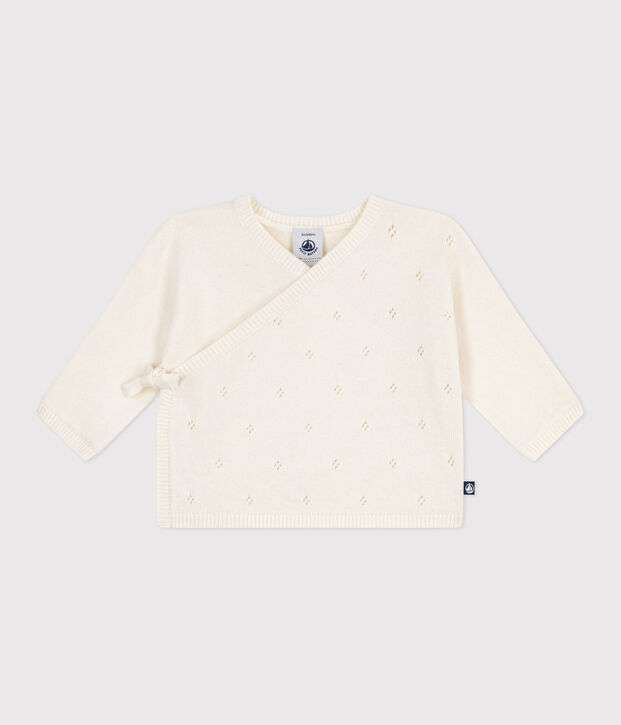 Babies' wool and cotton openwork knit wrapover top white