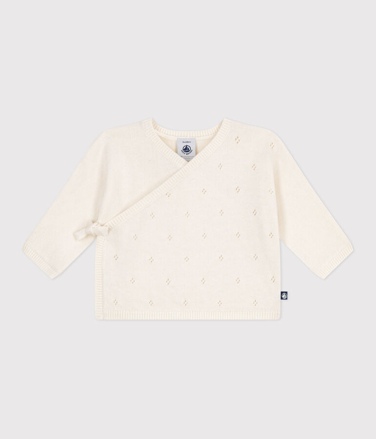 Babies' wool and cotton openwork knit wrapover top white