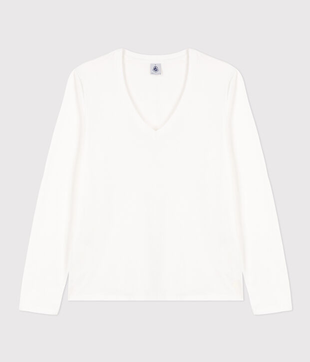 Women's The Straight long-sleeved V-necked fine jersey T-shirt white