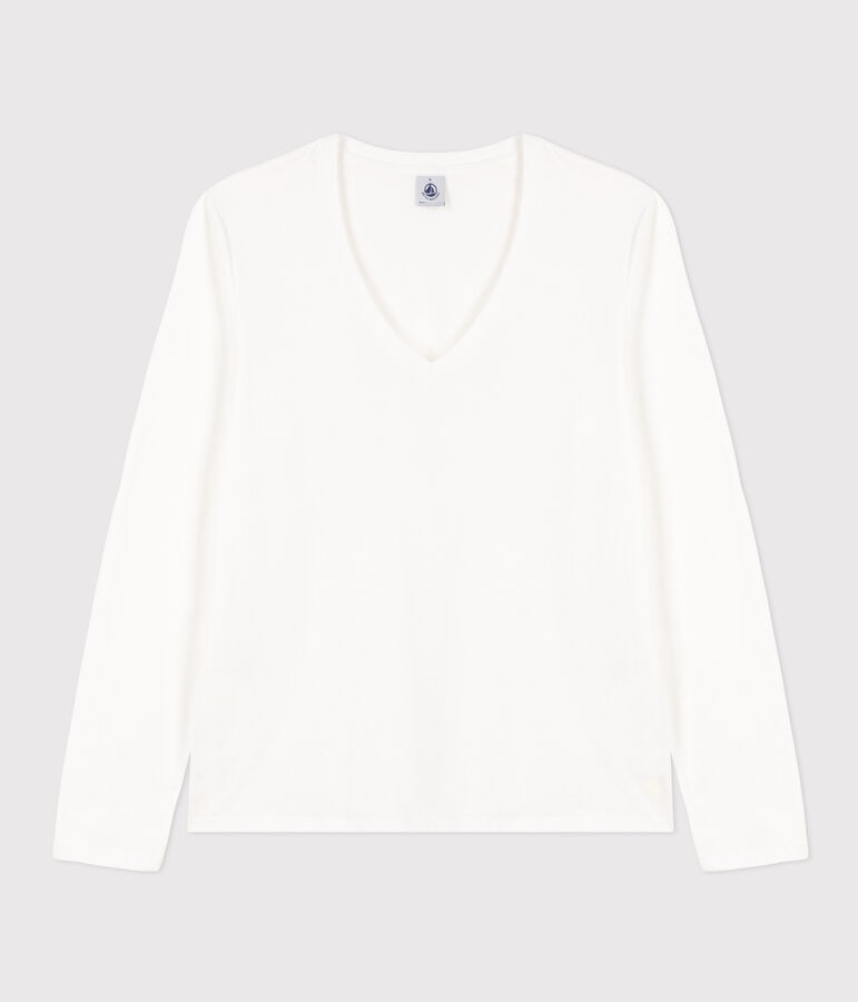 Women's The Straight long-sleeved V-necked fine jersey T-shirt white