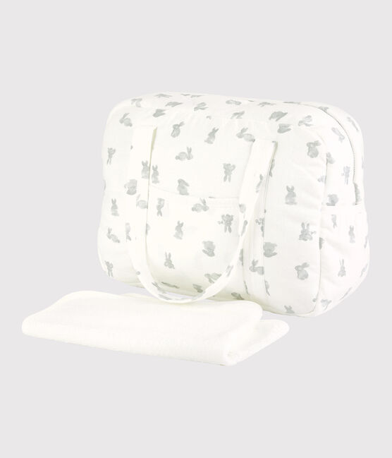 Babies' Organic Cotton Tube Knit Rabbit Bag and Changing Mat Set MARSHMALLOW white/GRIS grey