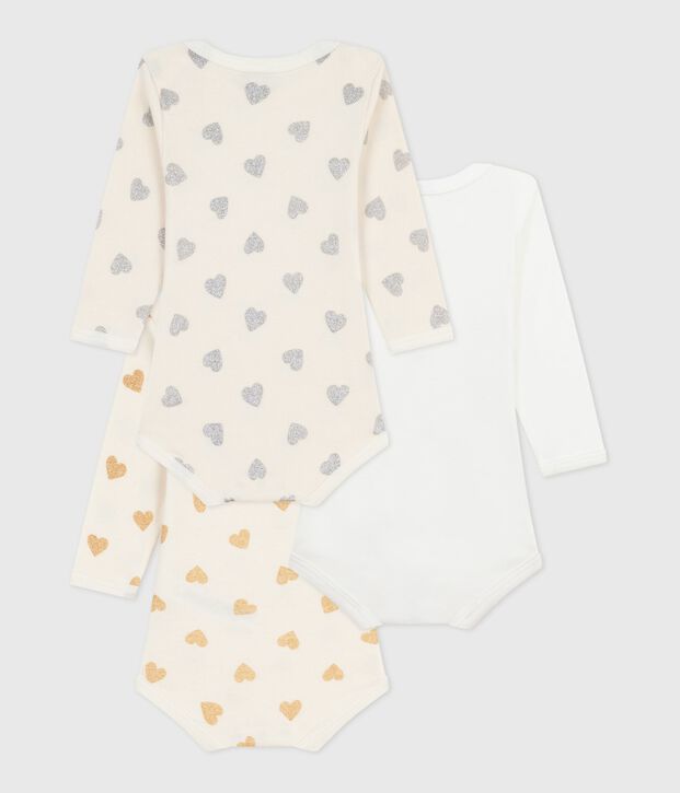 Pack of babies' long-sleeved sequinned heart-print cotton bodies multicolor