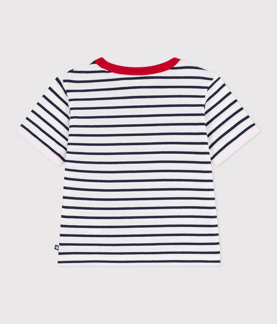 Children's short-sleeved stripy cotton T-shirt MARSHMALLOW white/SMOKING blue