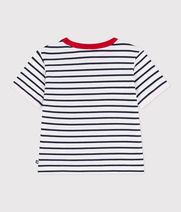 Children's short-sleeved stripy cotton T-shirt white/blue