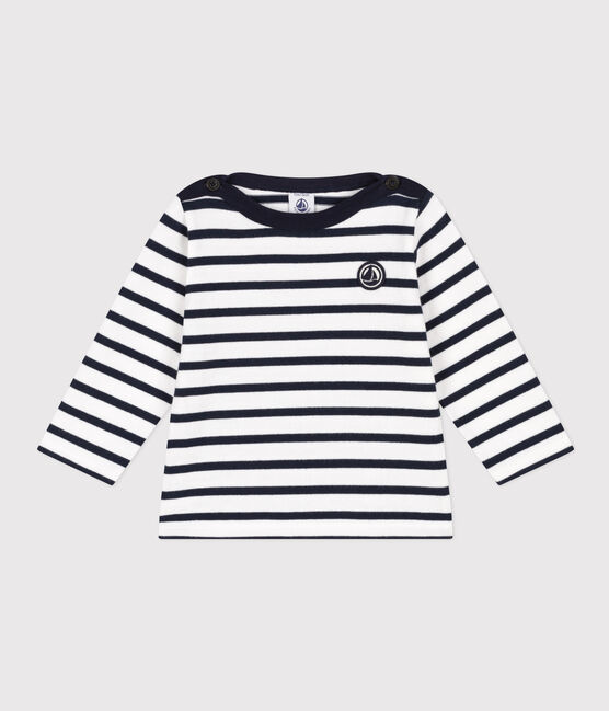 Babies' Thick Jersey Breton Top MARSHMALLOW white/SMOKING blue
