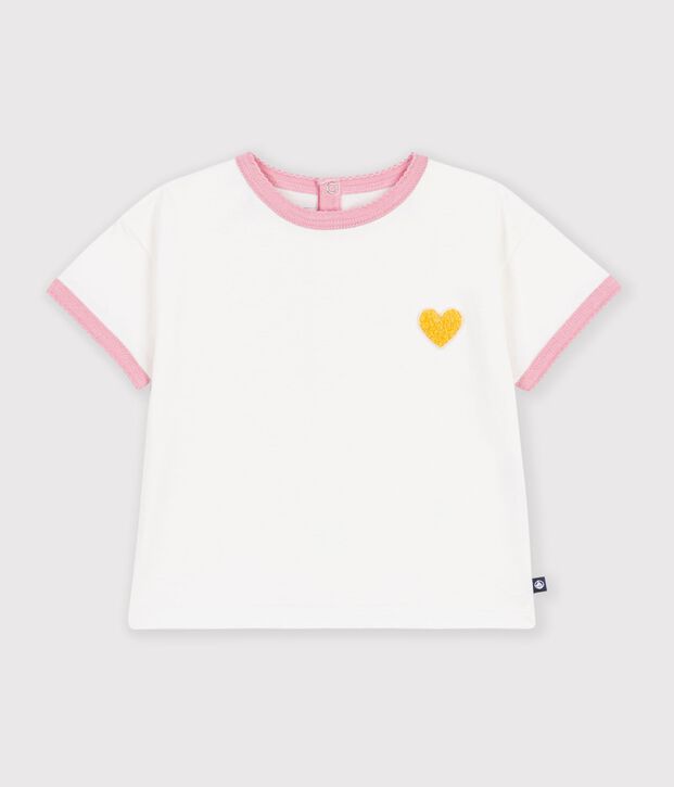 Babies' short-sleeved plain cotton T-shirt with a heart badge white