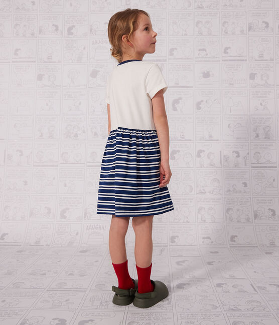 Girls' Short-Sleeved Cotton Dress MEDIEVAL blue/MARSHMALLOW white