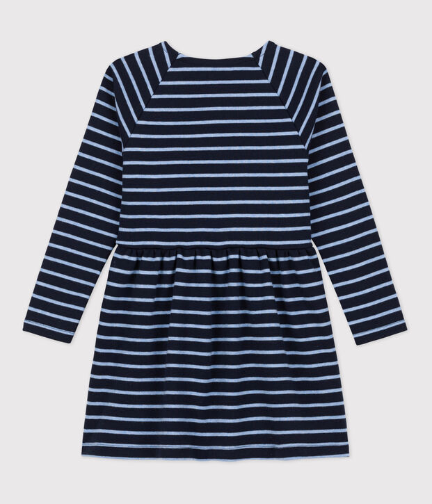 Girls' Long-Sleeved Warm Stripy Cotton Dress blue/blue