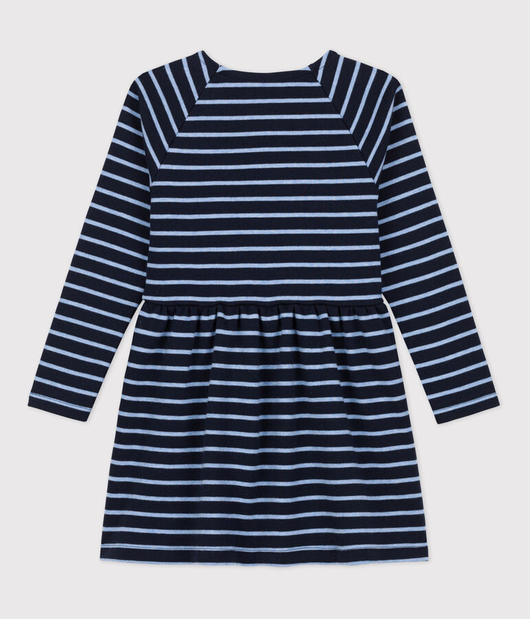 Girls' Long-Sleeved Warm Stripy Cotton Dress blue/blue
