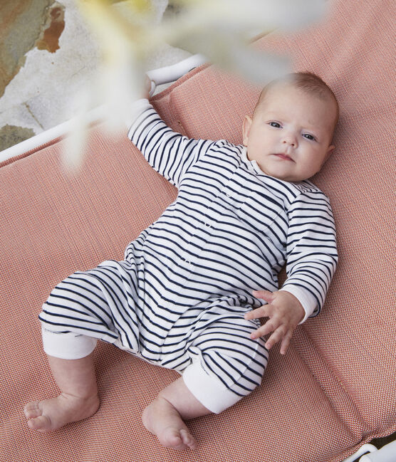 Babies' Striped Organic Cotton Long Playsuit MARSHMALLOW white/SMOKING blue