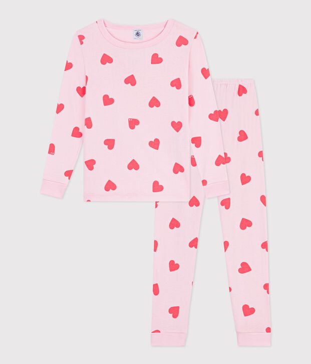 Children's snug-fitting cotton heart print pyjamas pink/orange
