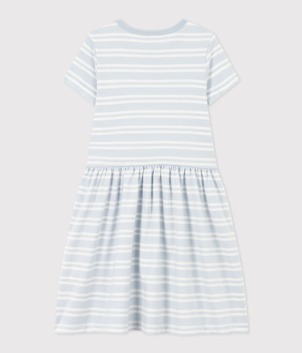 Girls' Stripy Short-Sleeved Cotton Dress blue/white