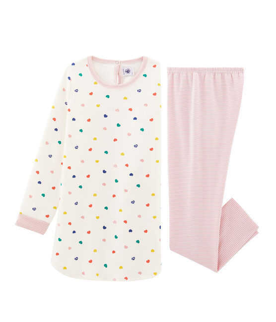 Girls' Long-Sleeved Double-Sided Jersey Nightdress with Heart Print MARSHMALLOW white/MULTICO white