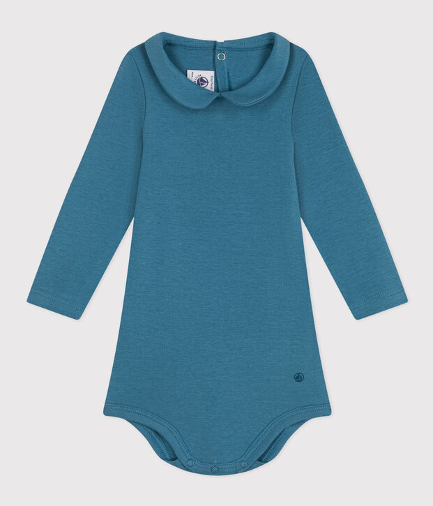 Babies' Long-Sleeved Cotton Bodysuit With Peter Pan Collar blue