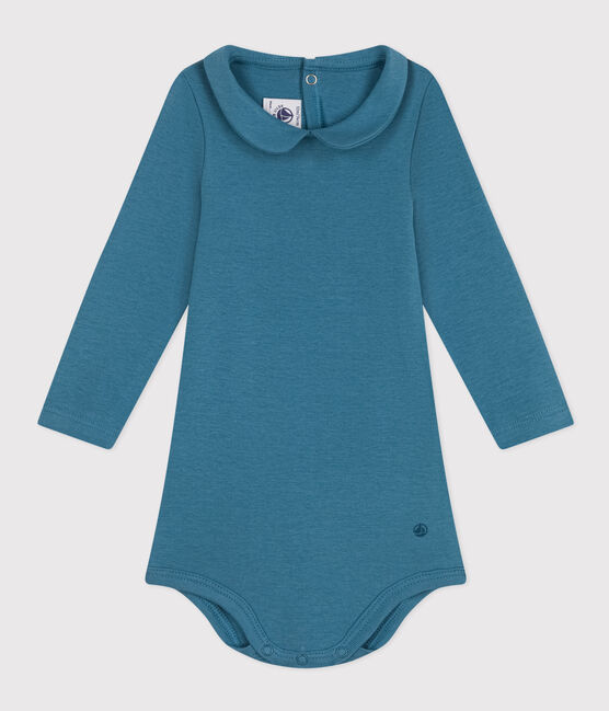 Babies' Long-Sleeved Cotton Bodysuit With Peter Pan Collar POLOCHON blue