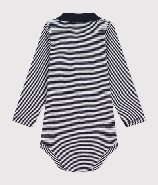 Babies' Long-Sleeved Stripy Cotton Bodysuit With Collar SMOKING blue/MARSHMALLOW white