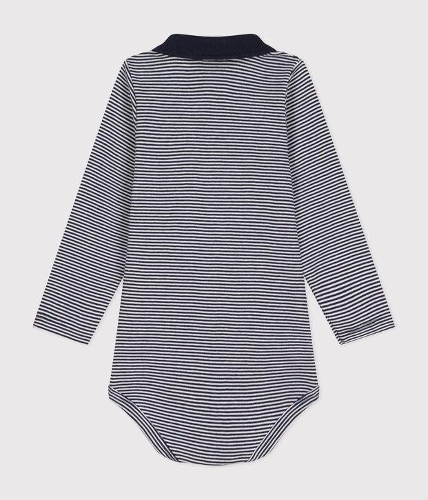 Babies' stripy cotton body with a polo shirt collar blue/white