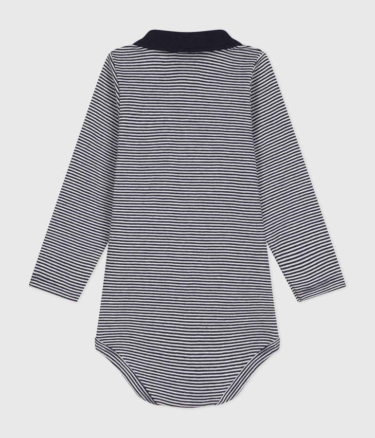 Babies' stripy cotton body with a polo shirt collar SMOKING blue/MARSHMALLOW white
