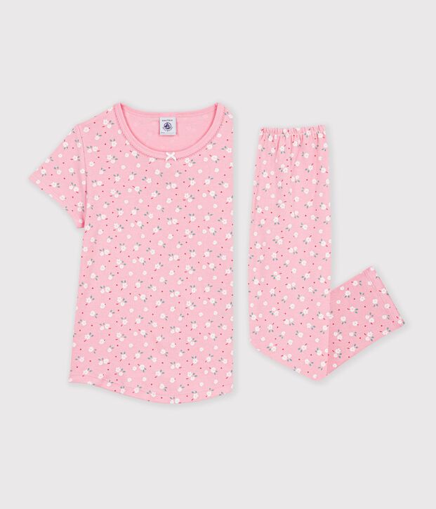 Children's printed cotton pyjamas with short sleeves and long legs pink/multicolor
