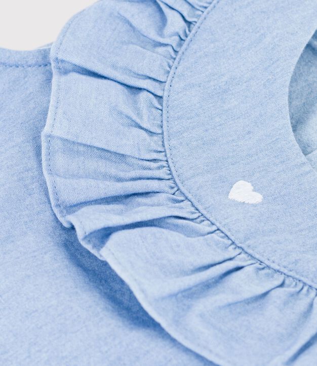 Babies' sleeveless blouse in embroidered cotton chambray blue