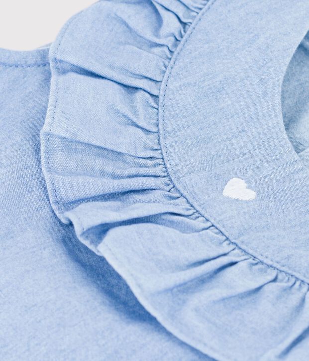 Babies' sleeveless blouse in embroidered cotton chambray blue